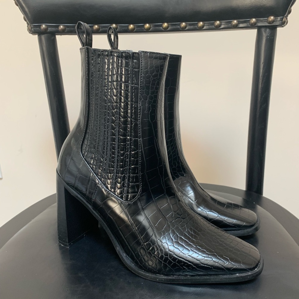 Nasty Gal Black Croc-Embossed Block Heel Ankle Boots